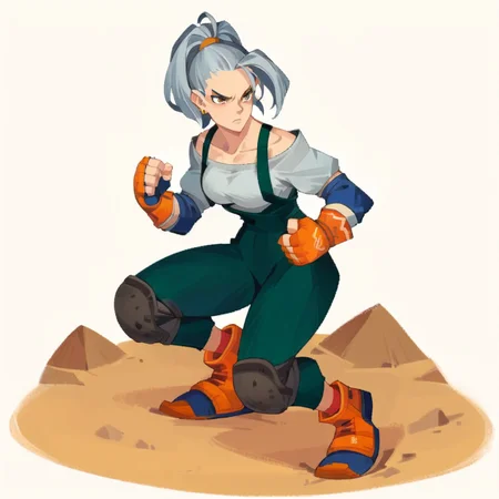 score_9, score_8_up, score_7_up, score_6_up, <lora:Epon_Tobal_-_PonyXL:0.75> solo, 1girl, epon, gloves, knee pads, fingerless gloves, earrings, full body, orange footwear, ponytail, grey hair, orange gloves, collarbone, dark green overalls, default outfit, grey shirt, elbow pads, blue elbow pads, dynamic pose, dynamic angle, fierce, fighting stance, face focus, simple background, desert <lora:princess_xl_v1:1> <lora:afkArenaStylePony:1>