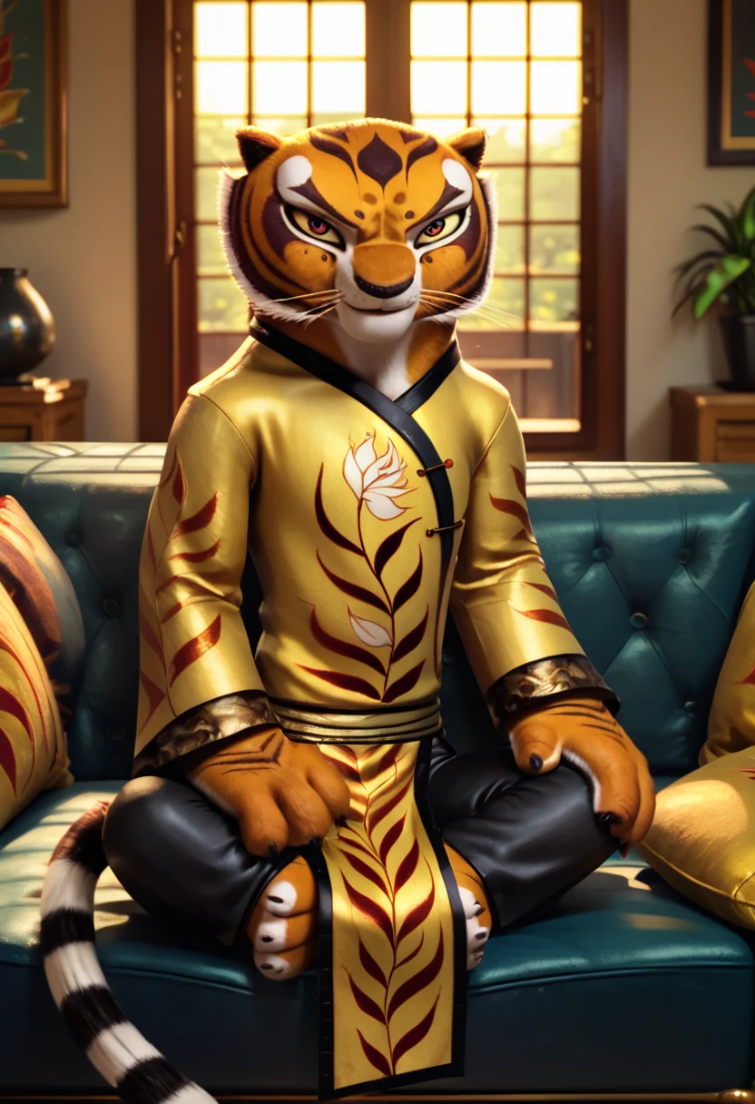 score_9, score_8_up, score_8, <lora:Master_Tigress_Kung_Fu_Panda_for_PonyXL:0.8> 1girl, m4stertigr3ss, solo, tail, looking at viewer, gold qipao, sleeves, black silk pants
Sitting on couch, living room, window,