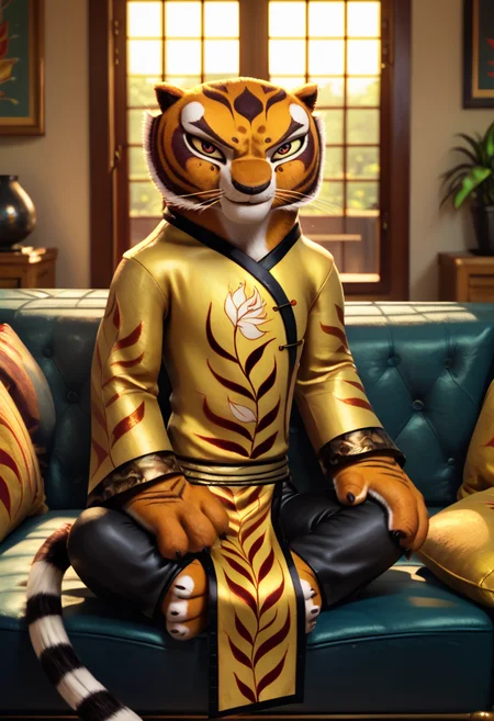 score_9, score_8_up, score_8, <lora:Master_Tigress_Kung_Fu_Panda_for_PonyXL:0.8> 1girl, m4stertigr3ss, solo, tail, looking at viewer, gold qipao, sleeves, black silk pants
Sitting on couch, living room, window,