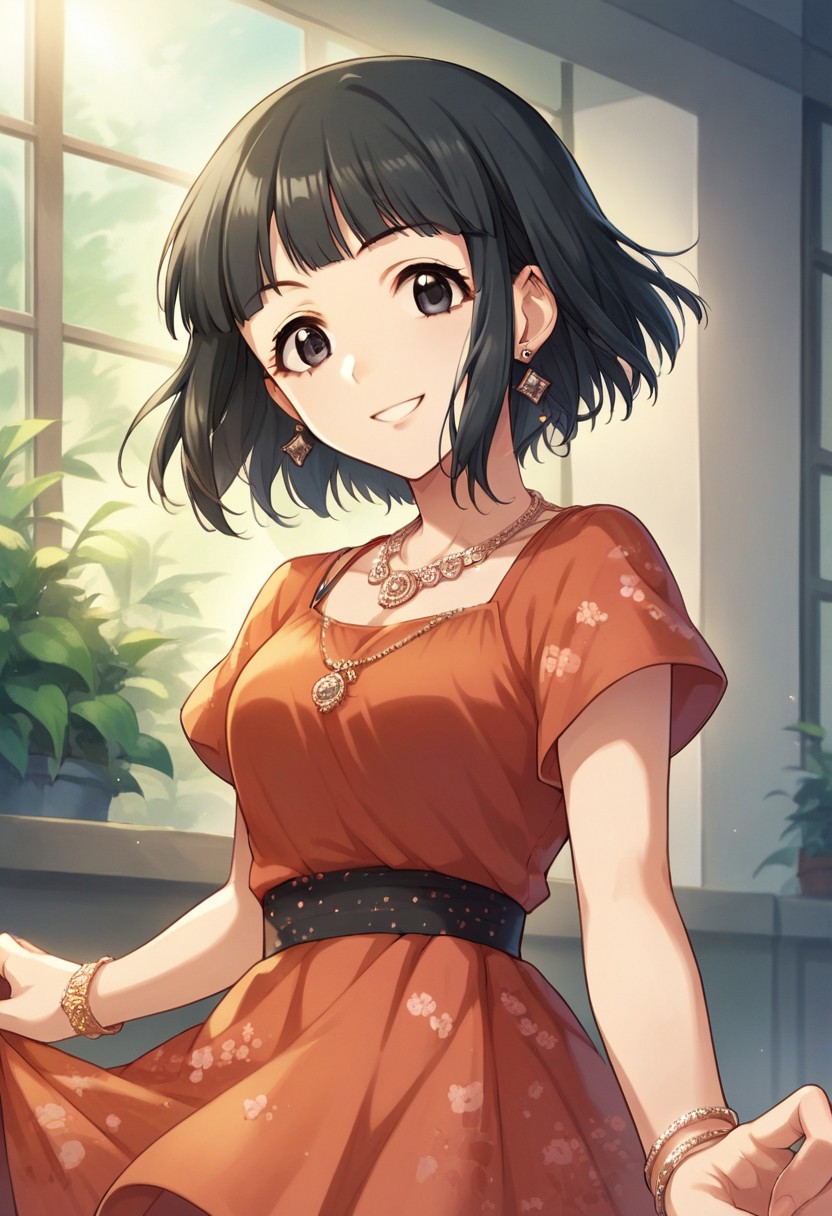 score_9, score_8_up, score_7_up, source_anime,niwa hitomi, black hair, short hair, black eyes, 1girl, solo, jewelry, dress, necklace, smile, earrings, bracelet, looking at viewer
