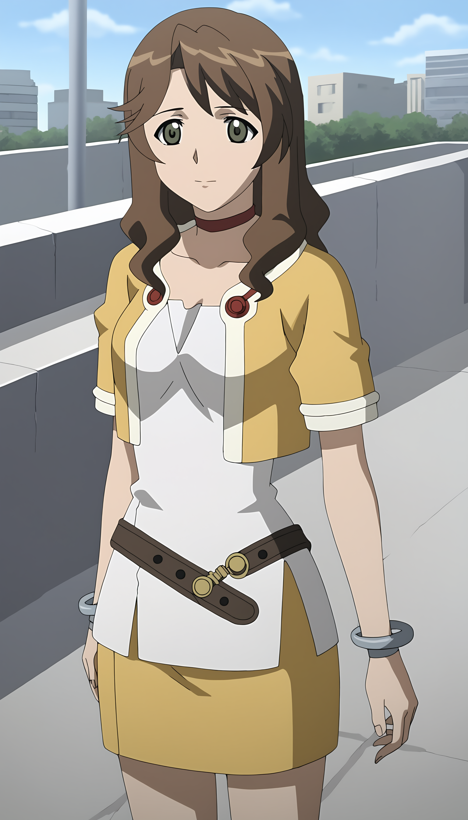 score_9, source_anime BREAK, oldest, anime screencap, outdoors, day, city,   <lora:MirandaMaverick(Pony)-10:1>MirandaMaverick, 1girl, solo,  long hair, brown hair, choker, red choker, bracelet, grey bracelet, wristband, jacket, open jacket, multicolored jacket, short dress, white dress, short sleeves, belt, belt buckle, buttons, red buttons, pencil skirt,  yellow skirt, pose,