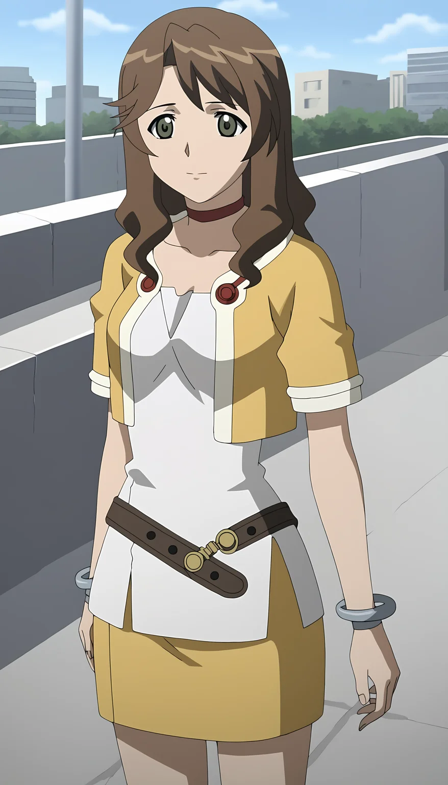 score_9, source_anime BREAK, oldest, anime screencap, outdoors, day, city, <lora:MirandaMaverick(Pony)-10:1>MirandaMaverick, 1girl, solo, long hair, brown hair, choker, red choker, bracelet, grey bracelet, wristband, jacket, open jacket, multicolored jacket, short dress, white dress, short sleeves, belt, belt buckle, buttons, red buttons, pencil skirt, yellow skirt, pose,