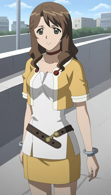 score_9, source_anime BREAK, oldest, anime screencap, outdoors, day, city, <lora:MirandaMaverick(Pony)-10:1>MirandaMaverick, 1girl, solo, long hair, brown hair, choker, red choker, bracelet, grey bracelet, wristband, jacket, open jacket, multicolored jacket, short dress, white dress, short sleeves, belt, belt buckle, buttons, red buttons, pencil skirt, yellow skirt, pose,