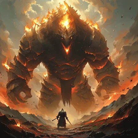 score_9, score_8_up, score_7_up, score_6_up, score_5_up, score_4_up, ((a giant purple burning pheonix bird:1.3) standing in front of a knight, mountains in background:1.2) Bosstyle