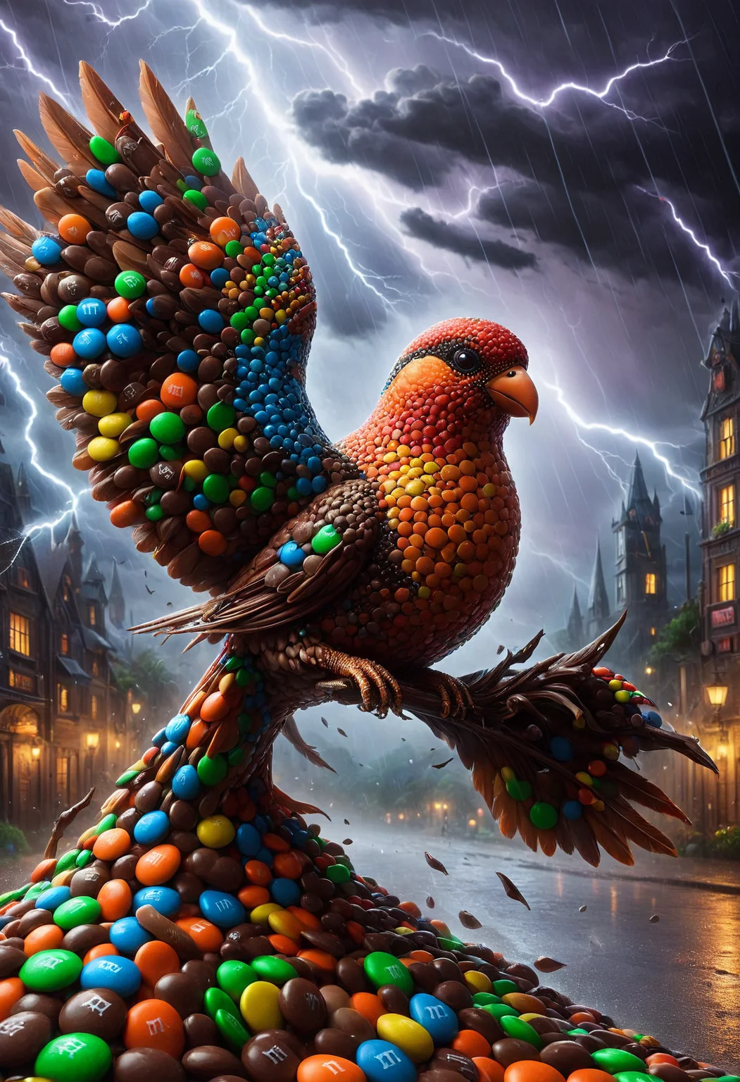 Crystal Cubism, award winning, Count Raggi's Bird-of-Paradise, Shabby, Thunderstorm, ultrafine detailed, Horror, digital art by Krenz Cushart, made out of m&m candies,<lora:PinkieM&MCndsSDXL-v1:1>, p1nkm&m, glowing, ambient background, fine artistic composition, magical, complex