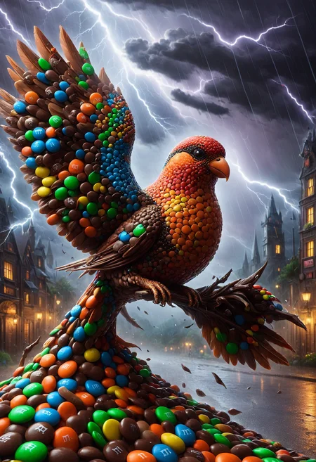 Crystal Cubism, award winning, Count Raggi's Bird-of-Paradise, Shabby, Thunderstorm, ultrafine detailed, Horror, digital art by Krenz Cushart, made out of m&m candies,<lora:PinkieM&MCndsSDXL-v1:1>, p1nkm&m, glowing, ambient background, fine artistic composition, magical, complex