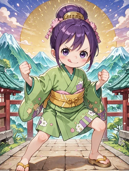 ultra-detailed, ultra-detailed background, ultra-detailed eyes, detailed limb, hair between eyes, outdoors, mountain, 1girl, <lora:Tama_Kurozumi_-_One_Piece__Illustrious:0.8>, child, purple hair, shimada hairstyle, hair bun, purple eyes, eyelashes, one piece wano style, hair ornaments, pink cheeks, green kimono, yellow sash, patched kimono, japanese sandals, loose clothes, fighting stance, detailed toes, v-shaped eyebrows, looking at viewer, licking lips, clenched hands, <lora:hand 5.5_903007:0.1>, well-defined fingers, ultra-detailed fingers, <lora:illustriousXL_stabilizer_v1.7_1135253:0.1>, <lora:spo_sdxl_10ep_4k-data_lora_webui_482964:1>, <lora:Hyper-SDXL-8steps-lora:0.5>, general, masterpiece, best quality, amazing quality, very aesthetic, absurdres,