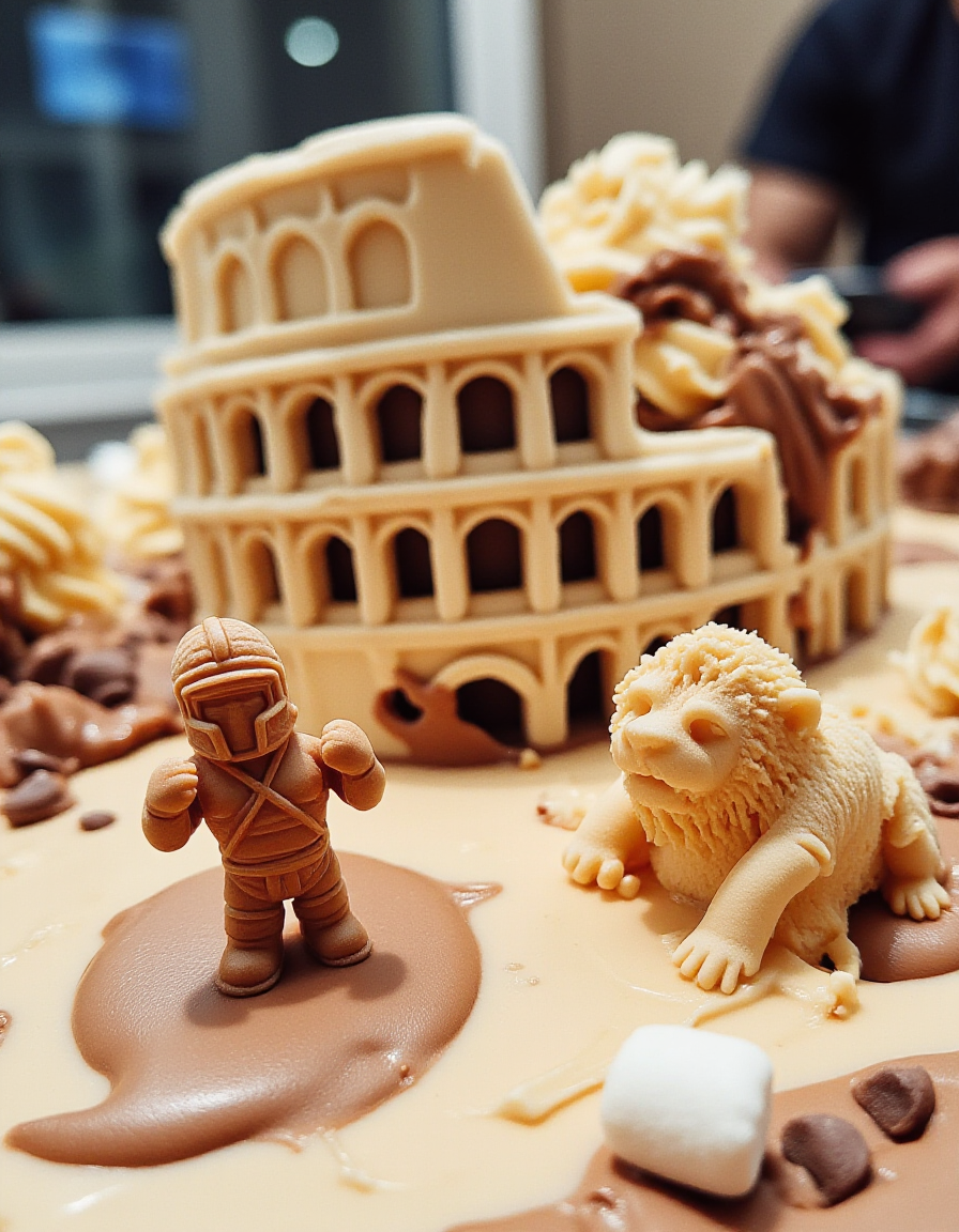 A melty, playful ice cream sculpture shaped like the Roman Colosseum, but half of it has turned into a puddle of vanilla and chocolate swirls. ð¦ðï¸ A tiny waffle-cone gladiator (wearing a whipped cream helmet) is slipping on the melting floor, while a chocolate-chip lion looks on in confusion. A tourist-shaped marshmallow tries to snap a picture before the whole thing melts away.
<lora:ice-cream-cone-flux:1>