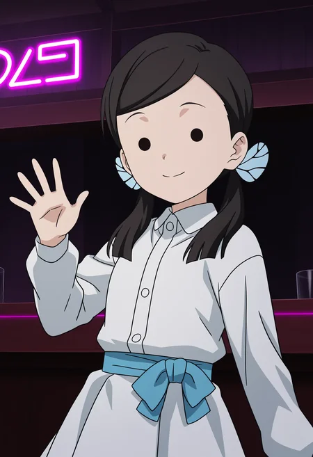1girl, nakahara sumi, black hair, swept bangs, low twintails, dot eyes, blue hair ribbon, blue butterfly hair ornament, collared shirt, white dress, blue obi, white skirt, 
little smile, closed mouth, looking at viewer, standing, cowboy shot, looking at viewer, hand up, waving, general, 
indoors, bar, dark background, dark, neon lights, 
masterpiece, best quality, ultra-detailed, very aesthetic, illustration, perfect composition, intricate details, absurdres, official art, official style, source_anime, anime screencap, anime coloring, newest, intricate, hires textures, high detail, 4k, incredibly detailed, perfect anatomy, UHD, 8K, 
| <lora:DS-butterfly_mansion_girls_XL(ill01)v10d:1>