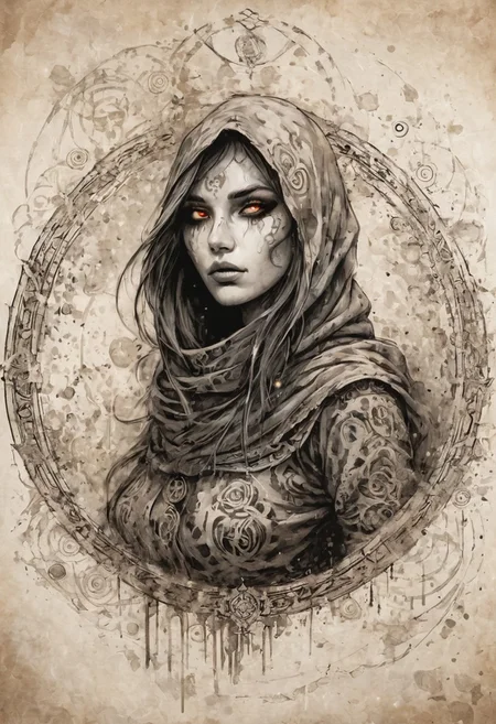 Ink illustration on parchment. A ghostly female . Prophet of Chaos Gods. Undead. barbarian armor Canvas hoods. seductive. eroticism. Runic circle. Elements. Glowing eyes. Bokeh blur.