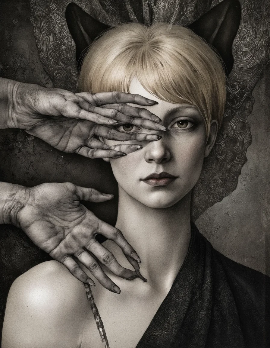 Art by Marina Richterova. A black and white, monochrome digital illustration from a close-up camera angle about a surreal depiction of a humanoid figure with multiple hands reaching out to touch the viewer. the figure is positioned in the middle of the image, with a dark, textured background that highlights the intricate details of the creature's hair and facial features. the woman, who appears to be in her early twenties, has short, spiky blonde hair that falls down her back, and her eyes are looking directly at the viewer with a serene expression. her body is slim, and she is wearing no clothing, except for a black shawl draped over her shoulders. the image has a soft, ethereal quality to it, with the texture of the fabric adding depth and dimension to the overall composition.