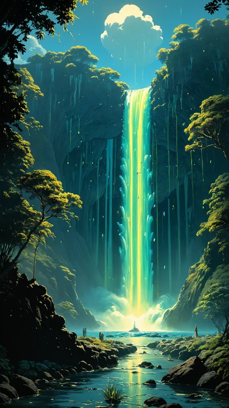A colossal underwater waterfall, where luminescent plankton gather in a breathtaking display as they cascade down the falls like a living, liquid light show, PENeonUV,, aerial photography, by Jim Burns and Tom Bagshaw, trending on Artstation, detailed, hyper realistic image, extreme detail <lora:PE_NeonUV Style:0.7> <lora:Ive_Got_The_Power:0.8> <lora:MJ52:0.4>