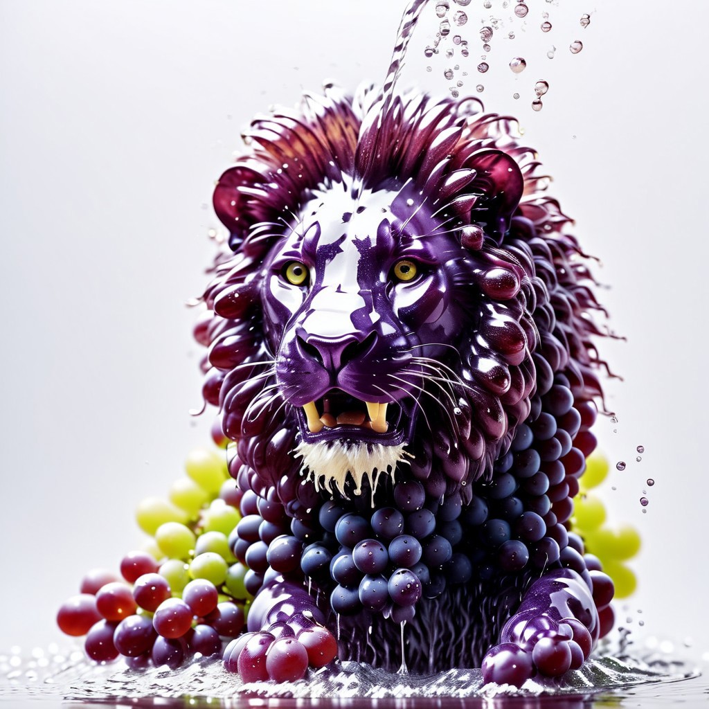 lion hair made of grapes, splash water, flashing particles, depth of field, clean background, made from grapes