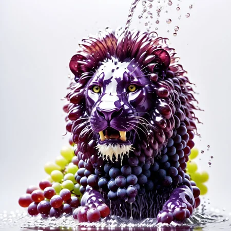 lion hair made of grapes, splash water, flashing particles, depth of field, clean background, made from grapes