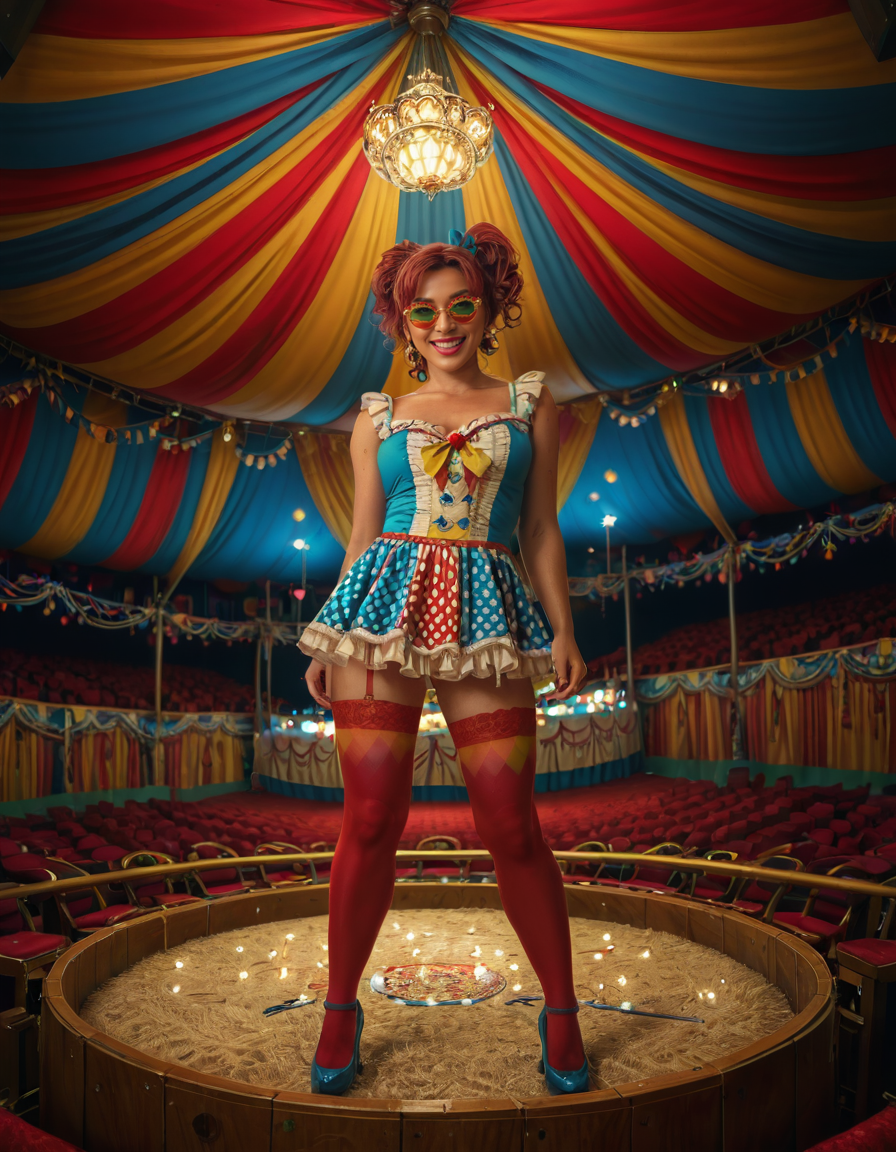 focus on woman face,rating_safe,A vibrant and colorful scene inside a grand circus tent,grand c1rcus, featuring a woman dressed as a whimsical clown. She is wearing an elaborate costume with a mix of bold patternsâred and white stripes, polka dots, and bright yellow accents. Her hair is styled in playful, oversized curls, dyed in shades of blue and pink. She is standing center stage, under a spotlight that casts a warm glow, making her sequined outfit sparkle. Her pose is dynamic and engaging, as if she is about to perform a trick or joke, with a wide, inviting smile. The background showcases the lively atmosphere of the circus, with colorful banners, a large audience in shadowy rows, and hints of other performers or props like juggling pins or unicycles. The overall lighting is bright and cheerful, emphasizing the magical, festive mood of the circus.<lora:SDXLFaeTastic2400:0.4> <lora:extremely_detailed:0.4> extremely detailed, <lora:grand_c1rcus:1>, Masterpiece,best quality,hi res,8k,hi res,8k,award winning,(sharp focus, intricate, highly detailed),