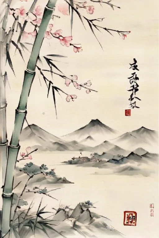 bamboo,cherry blossoms,mountain,<lora:iwp_0001:1>,iwp_0001,traditional chinese ink wash painting,