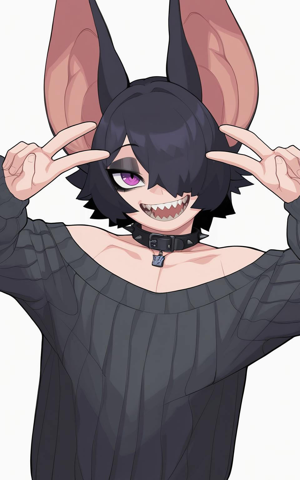 masterpiece, best quality, very awa, highres, absurdres,
 <lora:BunyBunyBoi v1 - NoobAI 1.0 V-Pred:1>
1boy, solo, simple background, white background, purple eyes, black hair, bat ears, large ears, hair over one eye, smile, sharp teeth, black collar, spiked collar, sweater, ribbed sweater, black sweater, long sleeves, short hair, eyeshadow, black eyeshadow, eyeliner, otoko no ko, open mouth, collabrone, light skin, trap, double v, collarbone, neck