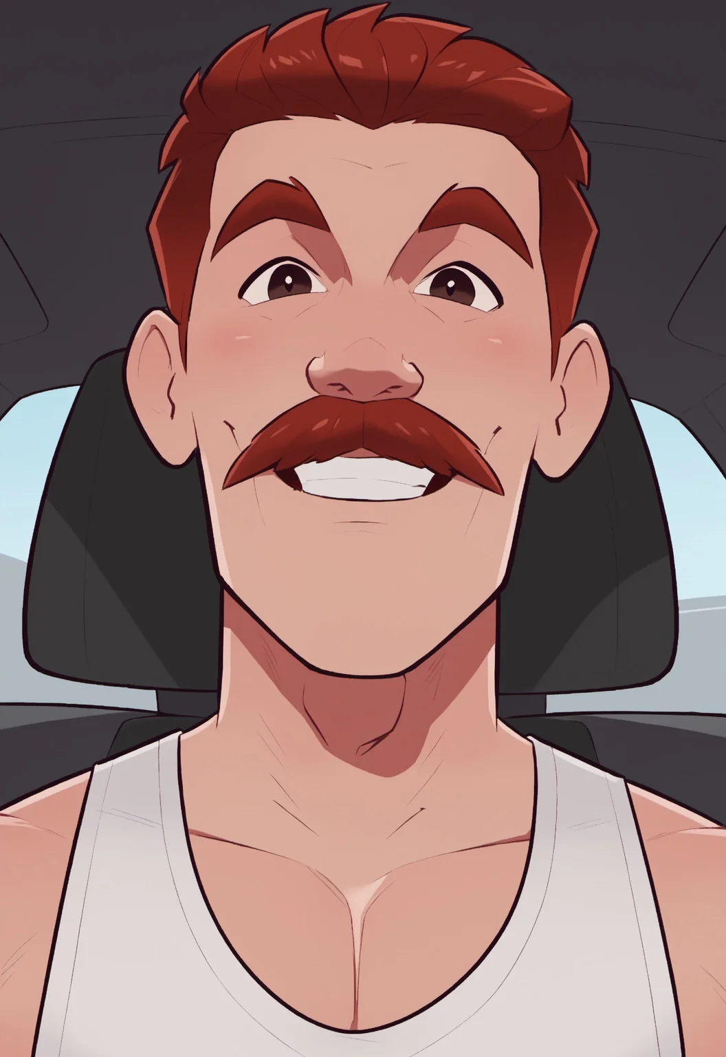 safe_pos, safe_pos, score_9, score_8_up, score_7_up, rating_nsfw, ultra hd, absurdres, masterpiece, best quality, best aesthetic, solo, 2boys, male focus, erotic, mature male, Expressiveh, wolfconf,
JabHarvey, red hair, mustache, thick eyebrows, comic art style, car background, pajamas, white tanktop, (portrait), looking at viewer, smile, headshot