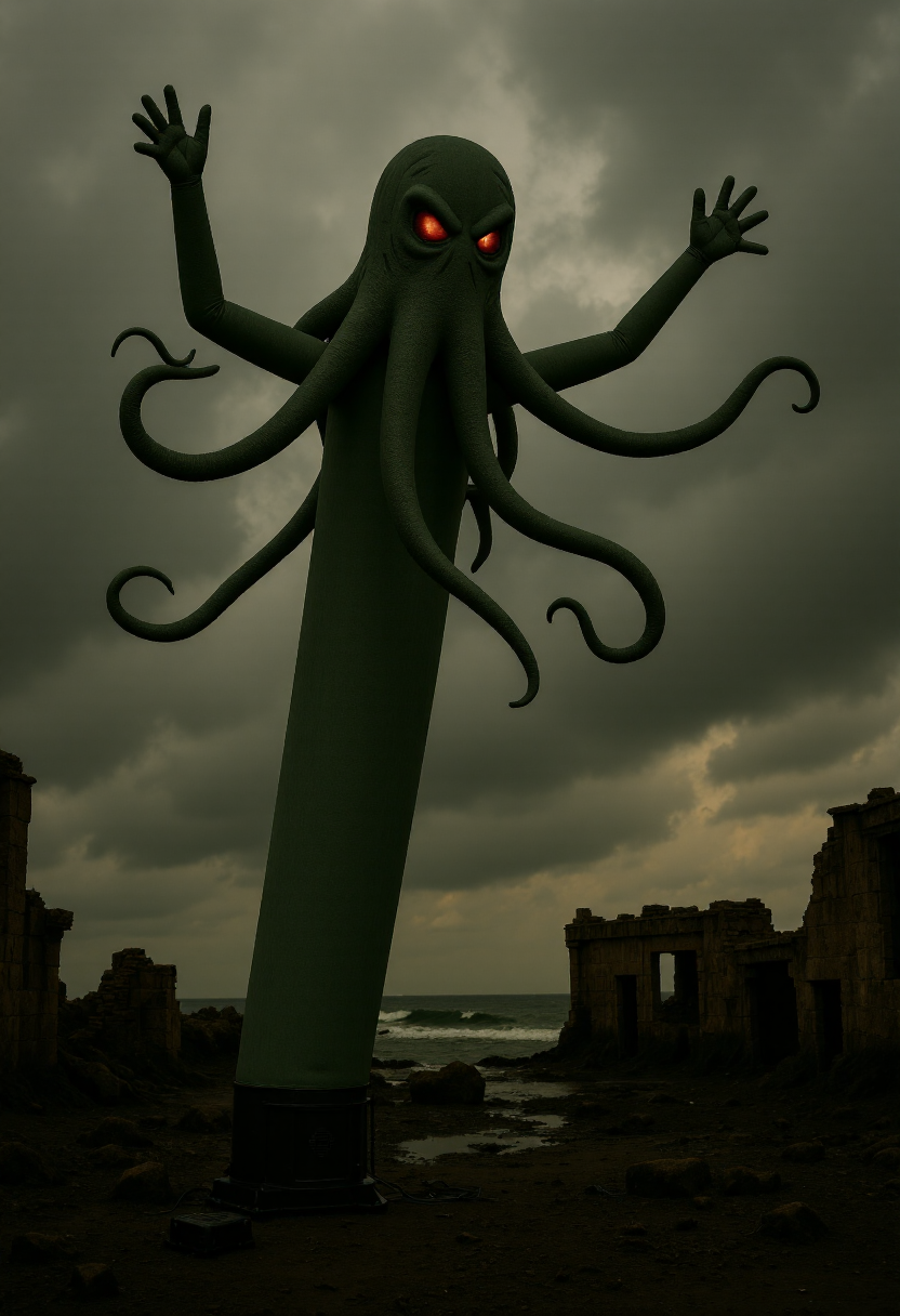 <lora:Wacky_Waving_Inflatable_Arm_Flux_Man-000009:1> 
The image is a photograph of a very tall, inflatable cthulhu with wavy raised arms standing in a shipwreck setting.