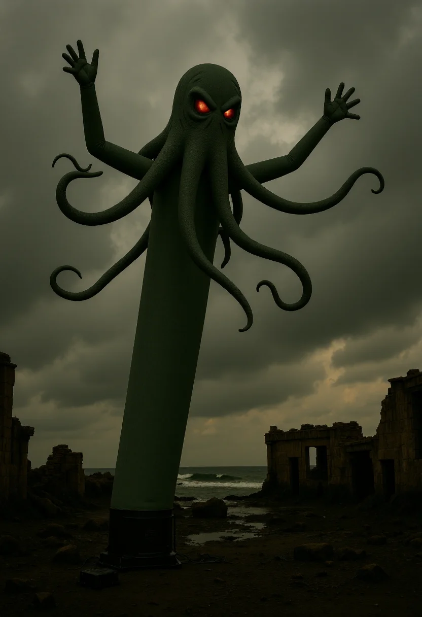 <lora:Wacky_Waving_Inflatable_Arm_Flux_Man-000009:1>
The image is a photograph of a very tall, inflatable cthulhu with wavy raised arms standing in a shipwreck setting.