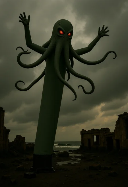 <lora:Wacky_Waving_Inflatable_Arm_Flux_Man-000009:1>
The image is a photograph of a very tall, inflatable cthulhu with wavy raised arms standing in a shipwreck setting.