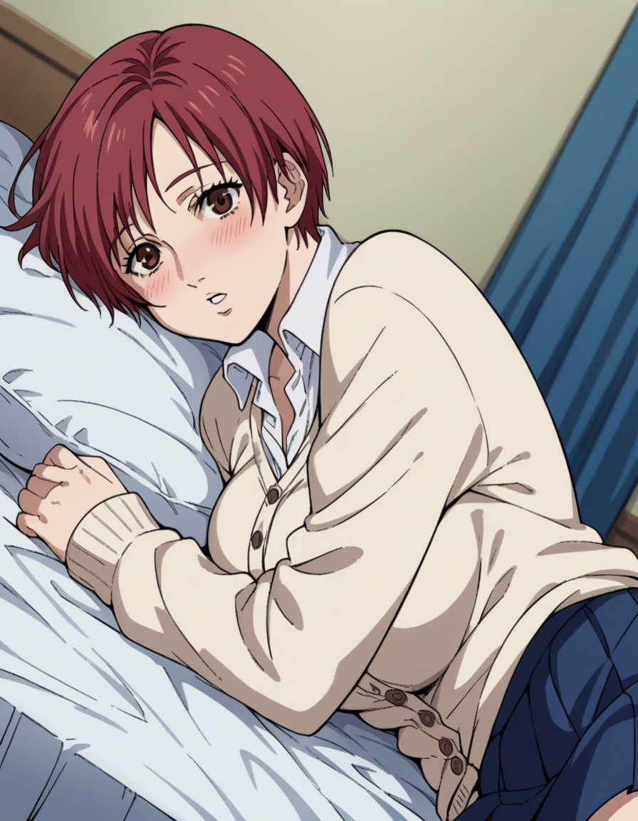 score_9, score_8_up, score_7_up, source_anime, <lora:kei-kishimoto-anime-ponyxl-lora-nochekaiser:1>, kei kishimoto, short hair, brown eyes, red hair, large breasts,, skirt, school uniform, cardigan, blue skirt, shirt, white shirt, collared shirt,, indoors, bed, bed room, on side, blush, drunk, looking at viewer, solo,, cowboy shot, dutch angle