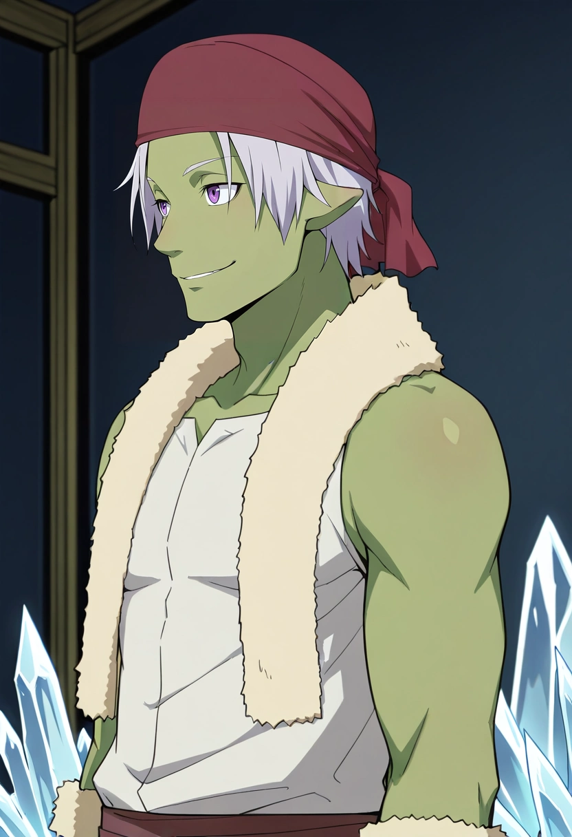masterpiece, best quality, , ,, 1boy, solo, male focus, <lora:rigur_tensura_ilxl:0.94>, rigur_tensura, grey hair, purple eyes, pointy ears, colored skin, green skin, goblin, bandana, , from side, cold, ice, indoors, dark, arms at sides, naughty smile, ,