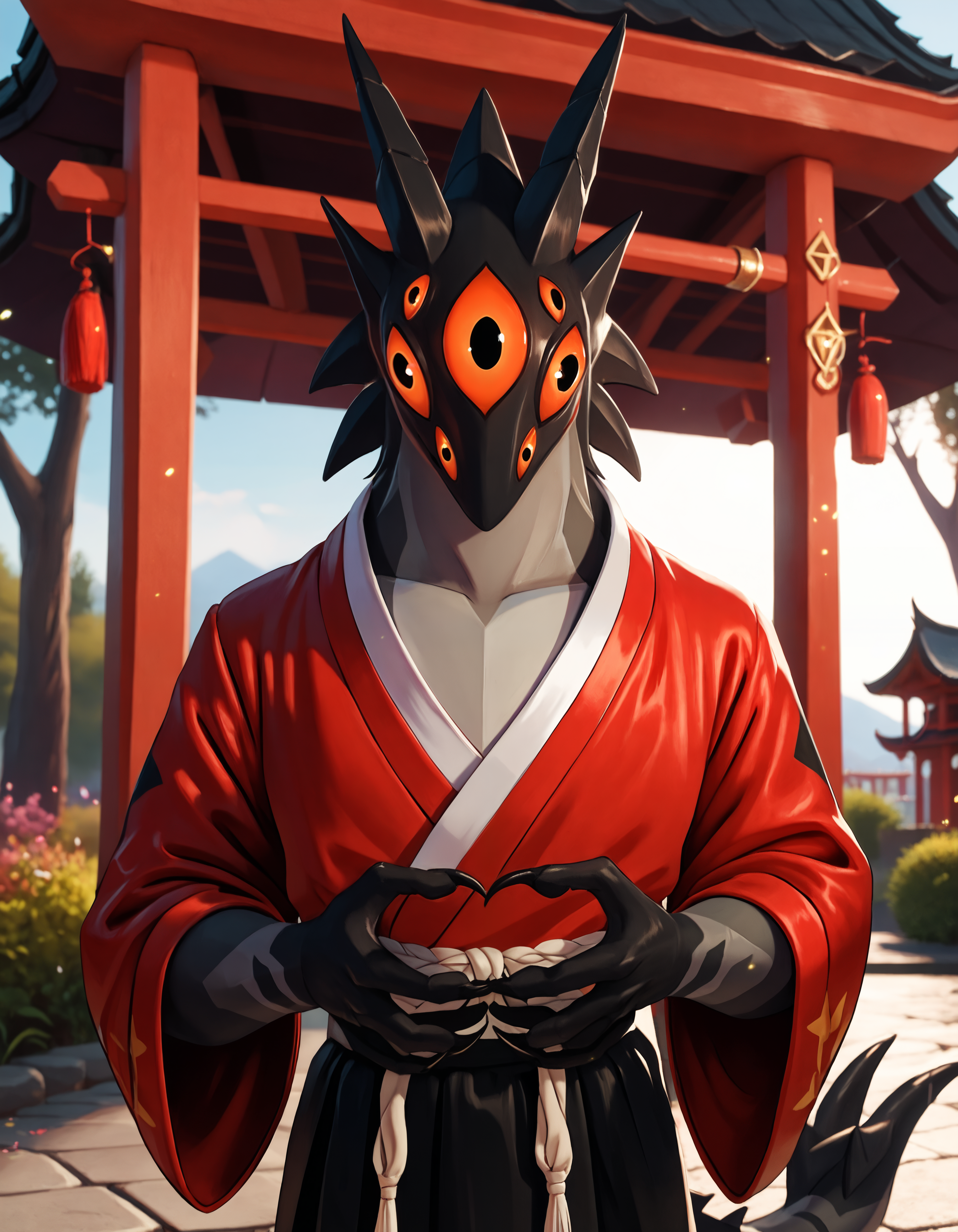 score_9, score_8_up, score_7_up BREAK rating_safe, source_furry, detailed, depth of field, detailed background, cinematic lighting, particles, decals, masterpiece, (best quality, high quality, 8K:1.5), <lora:sinfully_stylish_SDXL.safetensors:0.95>,  embedding:zPDXL3, anthro, <lora:add-detail-xl.safetensors:2.5>, <lora:Jerry_Creatures_Of_Sonaria.safetensors:0.95>, j3rry_cos, anthro, furry, 1boy, extra eyes, no humans, solo, claws, red eyes, smile, cute, looking at viewer, tail, two-tone body, black body, grey body, solo, clothed, closed eyes,   (close up, perspective, standing, serious, shrine light beam rock star garden:1.15)