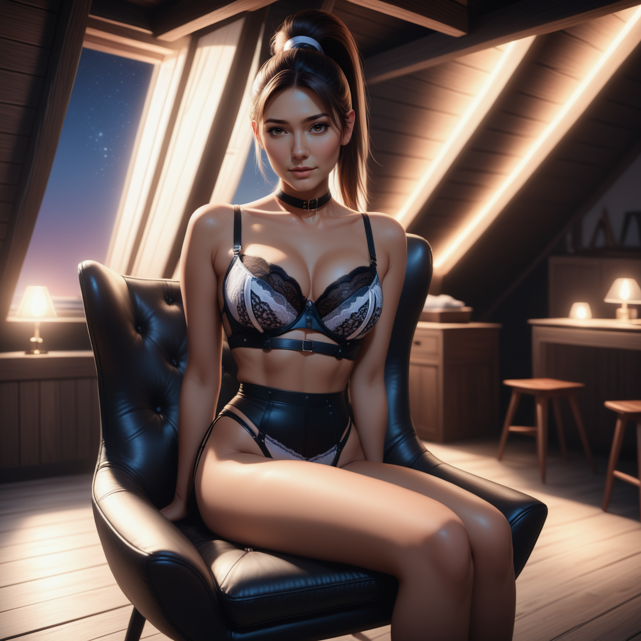 a close up of SeijSDXL, sitting  on a chair  in a Jed-Modern Attic, masterpiece, full of details,ambient light, photorealistic, sharp and in focus  <lora:ModernInteriorSDXL:0.7>  <lora:SeijSDXL:0.7>, high ponytail, lingerie, exposed