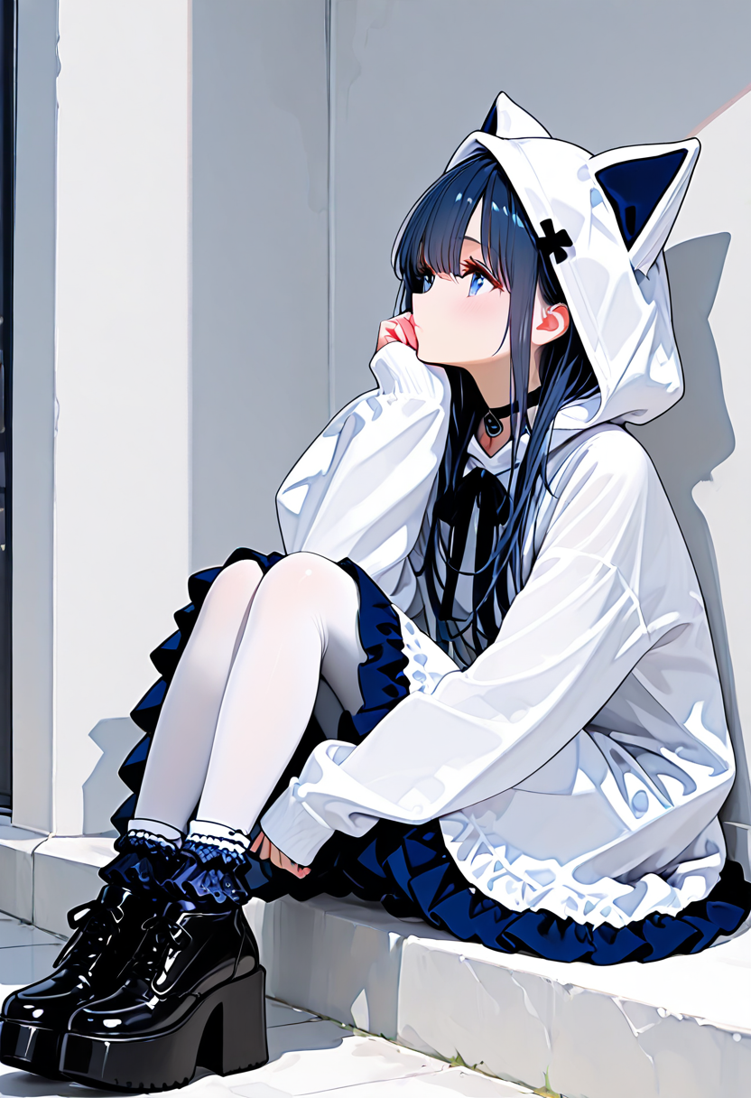 masterpiece, ultra-HD, very aesthetic, 8K, high detail, depth of field, score_9, score_8_up, 
BREAK
1girl, solo, bustle skirt, white dress, sleeves past wrists, white Hood, white pantyhose, dark blue frilly socks, oversize high platform shoes, 
BREAK
long hair, close up. 
BREAK
<lora:Cat_hood_One-piece_setã­ãã¿ã¿ãã¼ãã¯ã³ã:1>,