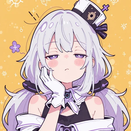 masterpiece, best quality, amazing quality, absurdres, face close up, harajuku fashion,curvy,colorful floral patterns,The background is a bright yellow,
seductive mood,The hand is positioned near the face,
flat color,
((nurzhan bekkaliyev)), fl4t, harust, Flatline, Flat vector illustration,hackadoll3, solo, male focus, white gloves, blush, closed mouth, detached collar, bare shoulders, off shoulder, half-closed eyes, looking at viewer, white dress, black shirt, white collar