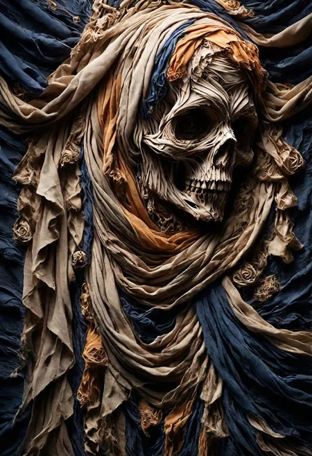RAW closeup photo, skull, macro shot,( dark blue, orange, gold, scarf), masterpiece, colorful details, gold threads embroideries, award winning, high detailed, 8k, natural lighting, analog film, amazing composition, intricate details, subsurface scattering, vellus gold hairs, amazing textures, soft light