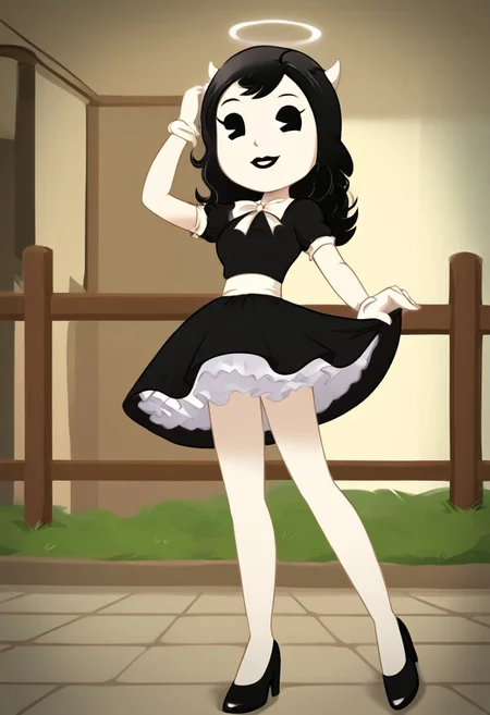 (Masterpiece, best quality:1.2), score_9, score_8_up, flat color, flat shading, soft shading, lighting, Alice Angel in a 1950's dress with a button down top, a fluffy frilly ruffled full petticoat, and high heels, dress, layered petticoat, frilly petticoat, fluffy petticoat, full petticoat, wide dress, flowing dress, solid colored skirt, short sleeves, black hair, Bendy and The Ink Machine, series accurate, cute, best high quality, high res, black lips, white colored skin, whole body shot, 1girl, solo, outside, standing straight, in a garden, cute, adorable, smile, low angle upskirt shot, cartoon, cartoon style, vector, solo, circle dress, 1950s, alice angel