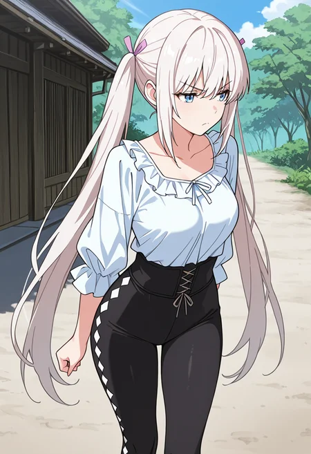 masterpiece,high quality details,
outdoors, 
 <lora:Komako_Semenovich:0.8> komako_cnr, 1girl, white hair, very long hair, twintails, blue eyes,sidelocks, hair ribbon,(aged up:1.2), annoyed,guilt,, blouse,frilled shirt,leggings, ,studded legwear,