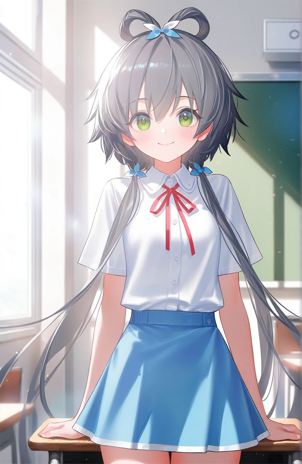 luo tianyi,1girl,masterpiece,high quality,best quality,beautiful,white shirt,light blue miniskirt,upper body,artist:reoen,artist:shiro9jira,cute,smile,blush,classroom,