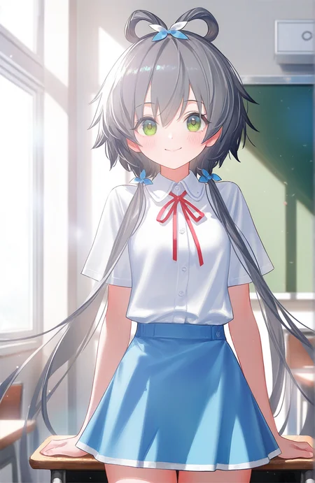 luo tianyi,1girl,masterpiece,high quality,best quality,beautiful,white shirt,light blue miniskirt,upper body,artist:reoen,artist:shiro9jira,cute,smile,blush,classroom,