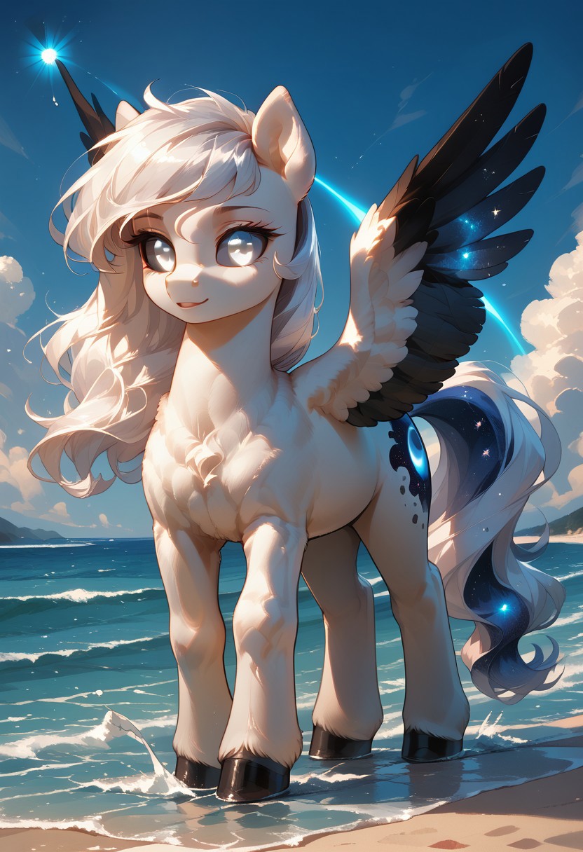 score_9, score_8_up, score_7_up, score_pony,
Copyright
Albina, pony, (white fur1.5), (white hair1.5), black sclera, white eye, glowing white eyes, black wings, black ears, MegaFluffyPony, furry, fluffy, zPDXL3 (masterpiece), best quality, abstract, abstract art, illustration, anime, (on a beach walking), simple background, (beach background), melting, detailed, cosmic print, constellations, water, cinematic ((outline)),
