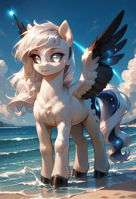 score_9, score_8_up, score_7_up, score_pony,
Copyright
Albina, pony, (white fur1.5), (white hair1.5), black sclera, white eye, glowing white eyes, black wings, black ears, MegaFluffyPony, furry, fluffy, zPDXL3 (masterpiece), best quality, abstract, abstract art, illustration, anime, (on a beach walking), simple background, (beach background), melting, detailed, cosmic print, constellations, water, cinematic ((outline)),