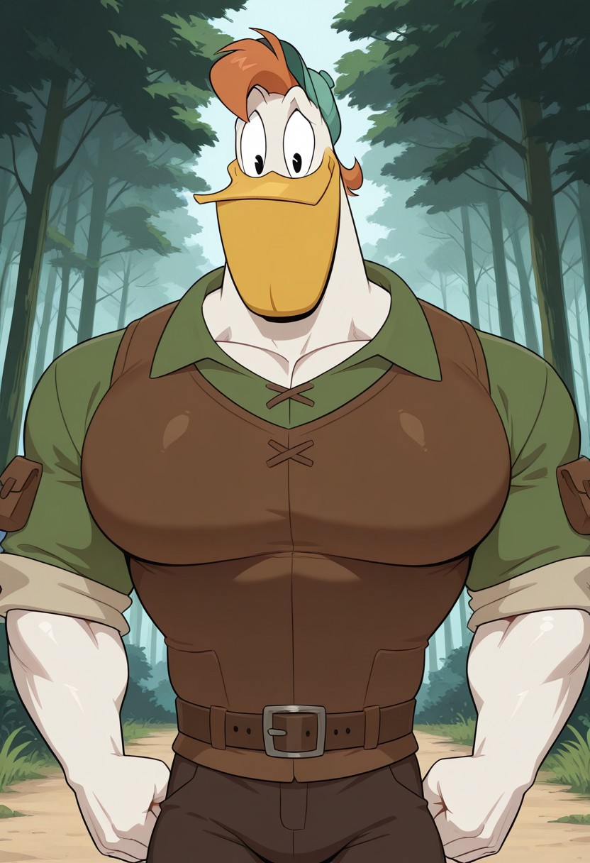 masterpiece, best quality, amazing quality,
Forest, solo, 1boy,
 Launchpad Mcquack. Duck, white feathers, yellow Beak, Orange hair, black eyes, duck feet, anthro, Teal cap, portrait, upper body, looking at viewer, posing for viewer, muscular male, big pecs, thick Pecs, juicy Pecs, textless, from the front, facing viewer, clothed, DND outfit, bard, green tunic, brown leather vest, brown leather belt, dark pants, rolled up sleeves, adventurer,
smug, confident, 
male focus, bara, furry, muscular, anthro,  looking at viewer, perfect anatomy, masterpiece, perfect quality, best quality, detailed, newest, very aesthetic, detailed muscle, muscular, detailed muscle,  perfect anatomy,