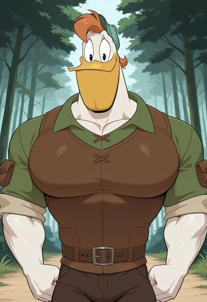 masterpiece, best quality, amazing quality,
Forest, solo, 1boy,
 Launchpad Mcquack. Duck, white feathers, yellow Beak, Orange hair, black eyes, duck feet, anthro, Teal cap, portrait, upper body, looking at viewer, posing for viewer, muscular male, big pecs, thick Pecs, juicy Pecs, textless, from the front, facing viewer, clothed, DND outfit, bard, green tunic, brown leather vest, brown leather belt, dark pants, rolled up sleeves, adventurer,
smug, confident, 
male focus, bara, furry, muscular, anthro,  looking at viewer, perfect anatomy, masterpiece, perfect quality, best quality, detailed, newest, very aesthetic, detailed muscle, muscular, detailed muscle,  perfect anatomy,