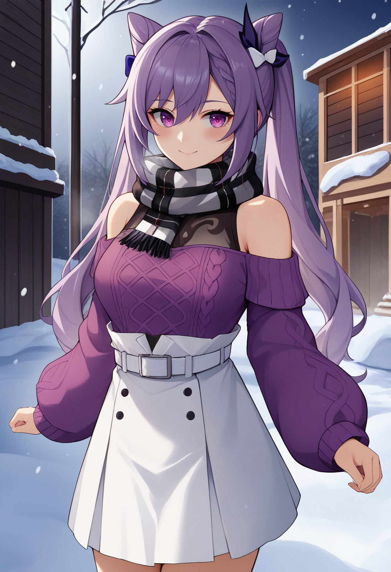 score_9, score_8_up, score_7_up, source_anime BREAK 1girl, solo, <lora:keqing-gi-richy-v1_pdxl:1> kqnglr, purple eyes, purple hair, long hair, twintails, double bun, cone hair bun, braid, hair between eyes, hair bow, medium breasts, black plaid scarf, bare shoulders, purple sweater, cable knit, off shoulder, white skirt, high-waist skirt, white belt, outdoors, smile, blush, looking at viewer, winter, snow, cold, dark, darkness, night, standing