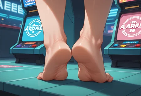Dark interior, neon ambient light, arcade, feet from behind, standing at arcade machine, soles, tip toe, standing on ground, carpeted, score_9,score_8_up,score_7_up,score_6_up,source_anime,1girl,mistress,lower body,painted toenails, feet, barefoot