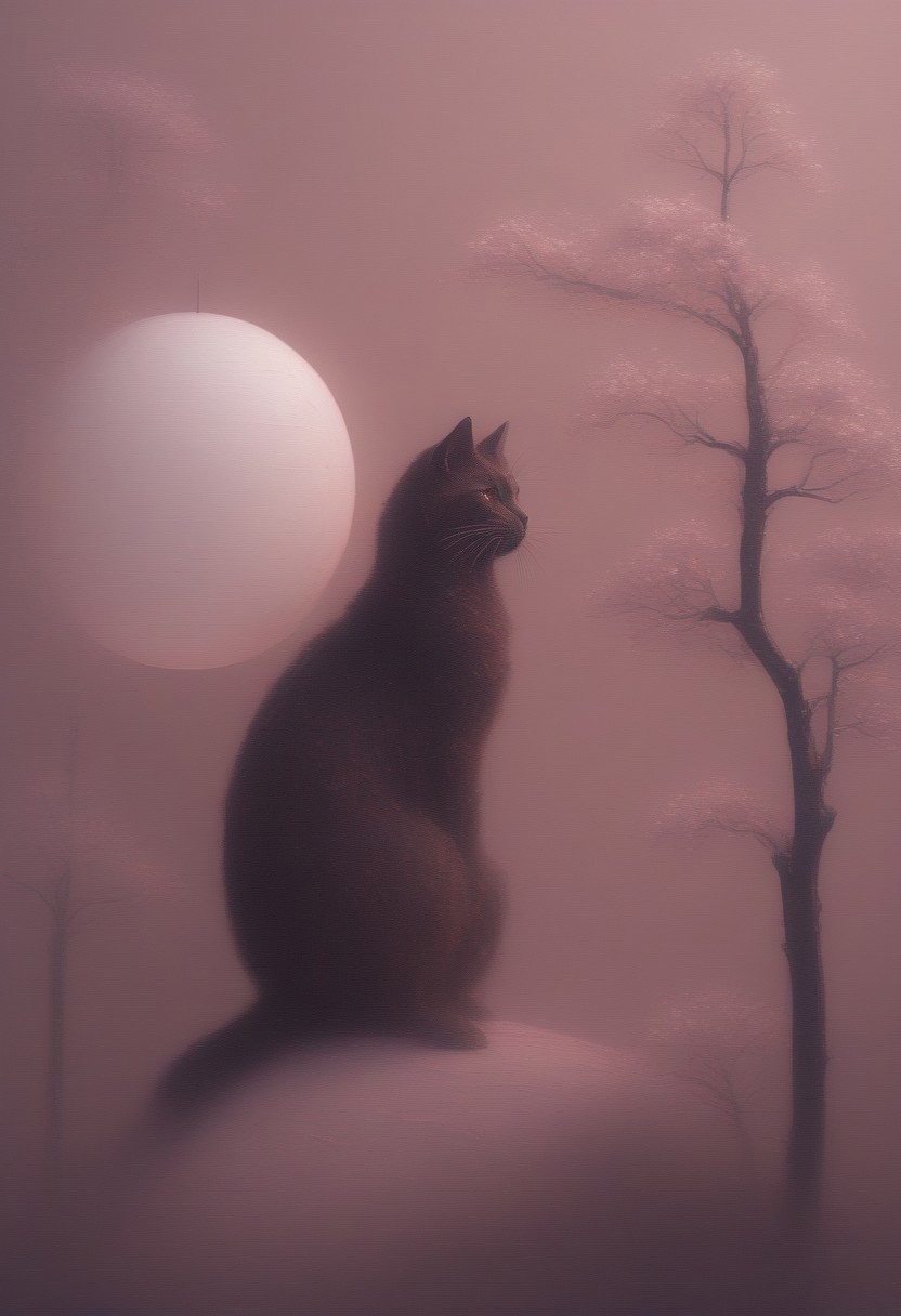masterpiece, best quality, absurdres, copper cats sitting on a tree branch, facing each other in an intimate and harmonious pose. The left cat is black, while the right cat is white, creating a striking contrast. They are surrounded by delicate, blooming branches with small flowers, adding a serene and romantic atmosphere. The background is softly blurred, focusing the viewer's attention on the cats and their interaction. The lighting is soft, emphasizing the copper texture of their fur and the gentle ambiance of the scene. pink heart in front of them, white sphere in the background, h4ra_illu, momosp