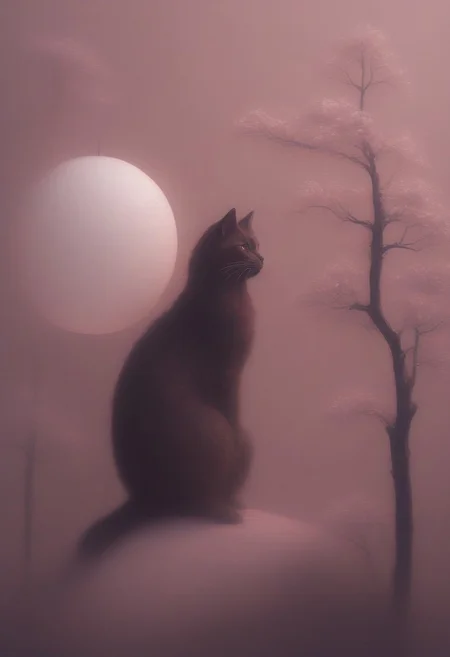 masterpiece, best quality, absurdres, copper cats sitting on a tree branch, facing each other in an intimate and harmonious pose. The left cat is black, while the right cat is white, creating a striking contrast. They are surrounded by delicate, blooming branches with small flowers, adding a serene and romantic atmosphere. The background is softly blurred, focusing the viewer's attention on the cats and their interaction. The lighting is soft, emphasizing the copper texture of their fur and the gentle ambiance of the scene. pink heart in front of them, white sphere in the background, h4ra_illu, momosp