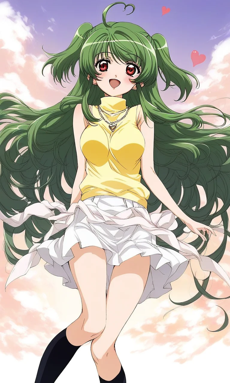 score_9, score_8_up, score_7_up, source_anime, rating_explicit, BREAK <lora:Yoko_Inukami_XL:1> Yoko_Inukami, green hair, very long hair, ahoge, red eyes, two side up, jewelry, necklace, breasts,
white skirt, heart, blush, smile, open mouth, Yellow sleeveless, black socks, kneehighs, sleeveless turtleneck
grassland, sky,