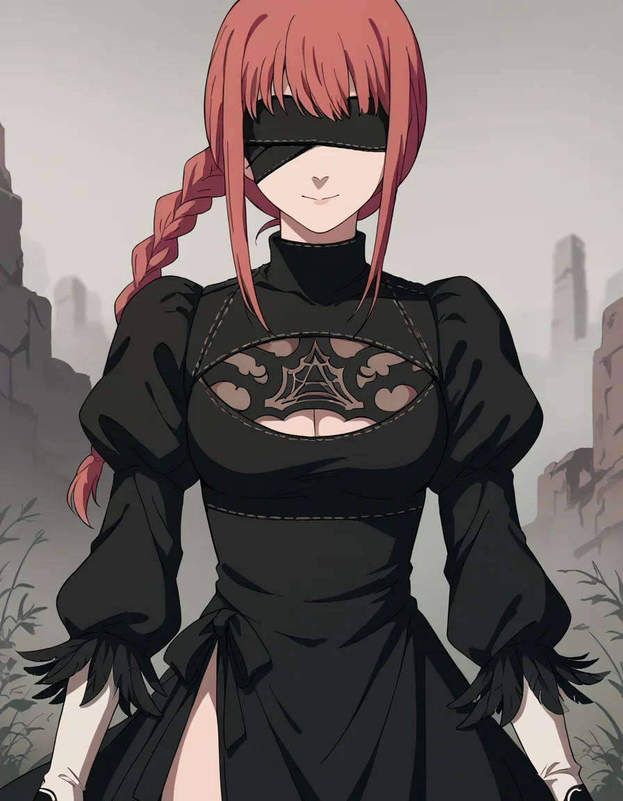 score_9, score_8_up, score_7_up, source_anime, makima, <lora:chainsaw-man-makima-s1-ponyxl-lora-nochekaiser:1> makima, long hair, smile, bangs, yellow eyes, braid, red hair, braided ponytail, ringed eyes,, <lora:2b-cosplay-ponyxl-lora-nochekaiser:1>, 2bcosplay, 2b \(nier\:automata\) \(cosplay\), gloves, long sleeves, dress, puffy sleeves, black dress, clothing cutout, cleavage cutout, juliet sleeves, feather-trimmed sleeves, blindfold, black blindfold, covered eyes,, wasteland,, cowboy shot, dutch angle,