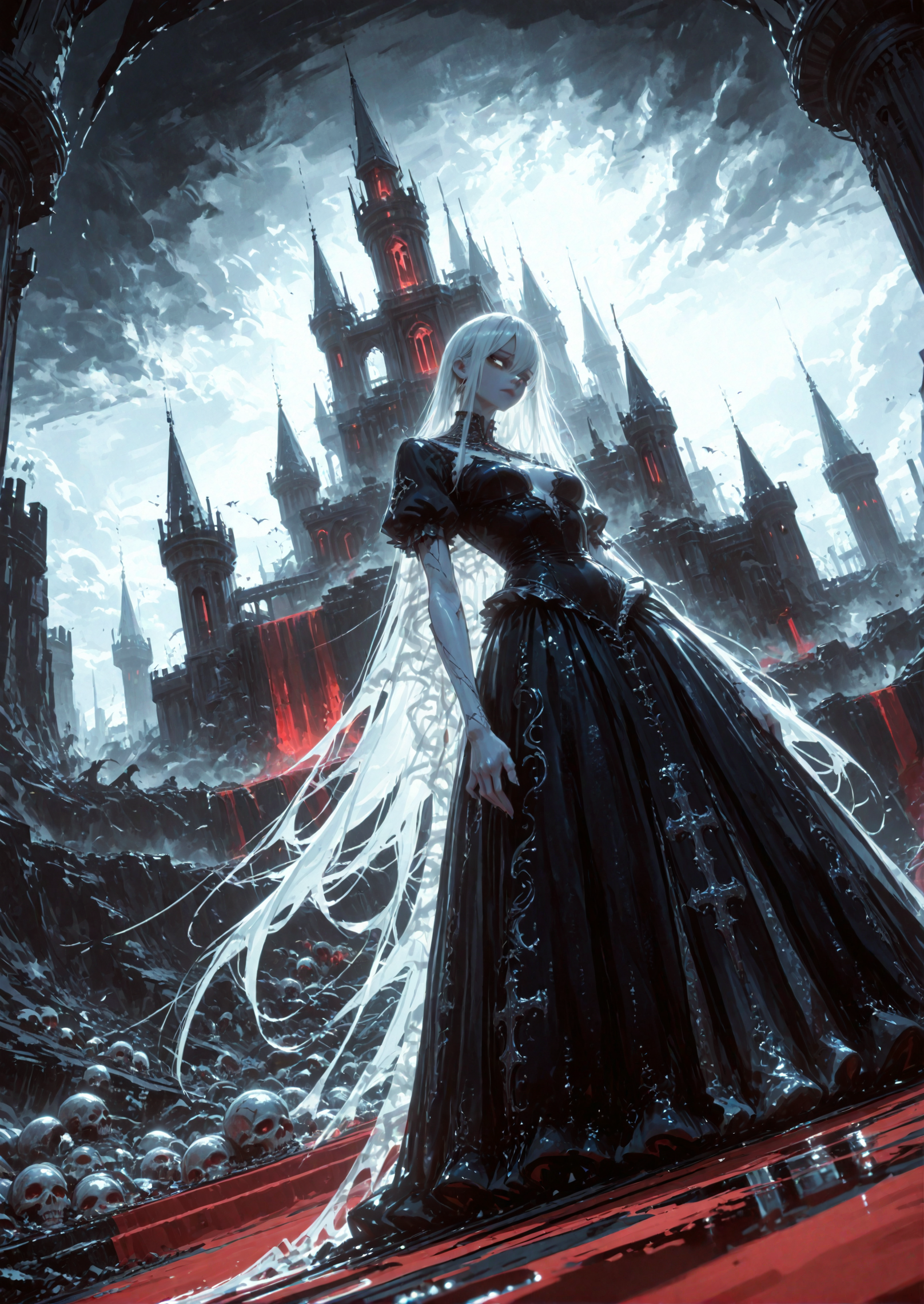 The image is a digital illustration of a vampire goddess with a low perspective, as if the viewer is looking down on everything. She is a tall, statuesque woman whose pale skin, endlessly long white hair and shining silver eyes contrast with the gloomy and dark atmosphere around her. She stands on the steep cliff of her ruined castle, looking down at her subordinates with complete indifference, as if looking through them. Her sexy tight black dress has an endlessly long hem that flows like silk somewhere down, disappearing from view. The dress is decorated with many silver patterns, moving in intricate swirls, as if hypnotizing the viewer. A dark and gloomy aura is visible around her, from which all living things wither and die, including her servants and subjects, whose corpses litter the road she walked on. This aura contrasts with her almost angelic appearance, casting a dark cloud of dark magic over her castle and down to her subjects. Her movements are graceful and elegant, she moves like a messenger of death, whose touch can bring death to all living things. Beneath her feet is a red carpet of blood from the people who stood in her way, whose lifeless bodies lie somewhere behind her.
volumetric lighting, cinematic lighting, aesthetic design, dramatic angle, dutch angle, low angle, dramatic framing, cinematic framing, posing at an angle, extremely sharp focus, unique artistic composition, hight reflection, (maximum ultra-high definition image quality and rendering:1), maximum image detail, maximum realistic rendering, strong reflection
<lora:add-detail-xl:0.6>  <lora:spo_sdxl_10ep_4k-data_lora_webui:0.5>  <lora:USNR STYLE_XL_loha:0.45> <lora:GodsAndMayhemXL:0.9> <lora:748cmSDXL:0.6> <lora:ponyv5_noobV065S_1_adamW:0.65>  <lora:GENESIS_MK0.2:0.55>