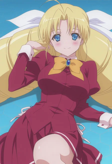 anime screencap, anime coloring, <lora:DX888Sernia:1> sernia iori flameheart, blue eyes, blonde hair,very long hair, twin drills BREAK simple background, blue background, (honeycomb background:1.2), BREAK hair ribbon,bow, brooch, school uniform, red shirt, puffy sleeves, long sleeves, red skirt, BREAK 1girl, smile, blush, closed mouth, feet out of frame, from side, hand in own hair, hand up, knee up, looking at viewer, lying, on back, solo, from side,