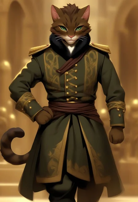 Tabaxi, thin, fit, elegant, army uniform, dancer, calm, leader, commanding, tan color, dark fur, fantasy