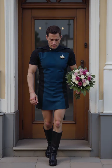 a high quality sharp photo still of handsome german man wearing blue STSKNT short uniform skirt with black shoulders and sides and with short sleeves holding a buquet of flowers knocking on a door.<lora:ST_SKANTV2_FLUX><lora:aidmaMJ6.1-FLUX-V0.1:0.6><lora:Movie_Portrait><lora:Flux DetailerV2>